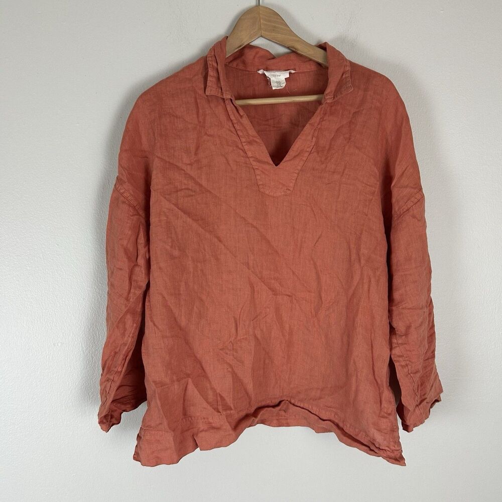 C&C 100% Linen Sz M Popover Shirt Orange Preppy Coastal Lagenlook Subtle Luxury